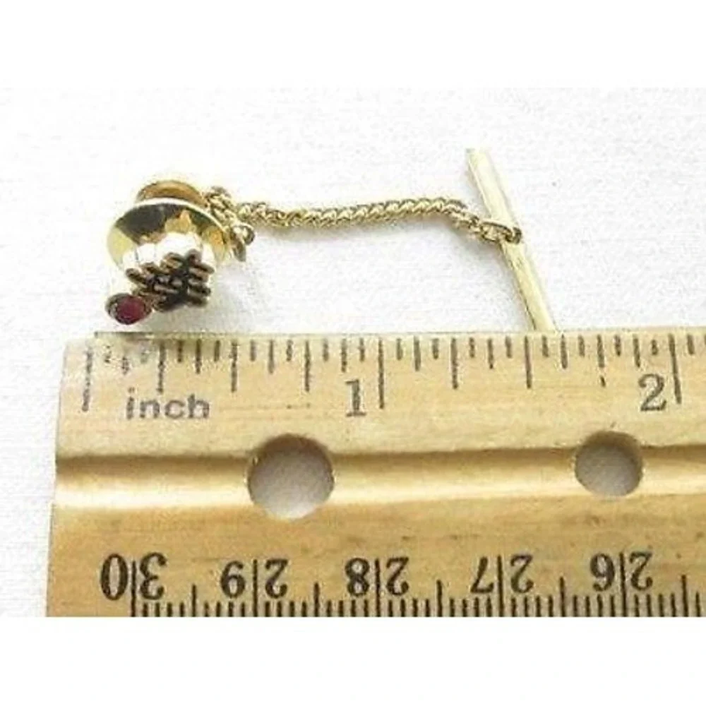 Vintage Red Rhinestone Black Asian Symbol Chinese Gold Plated Chain Tie Tack Pin